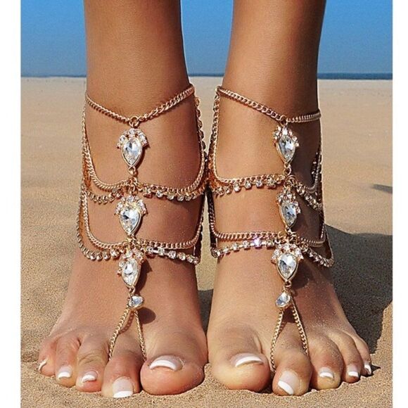 Yellow Gold and White Diamond Cubic Zirconia Adjustable Foot Chains - Set of 2 - Picture 1 of 6